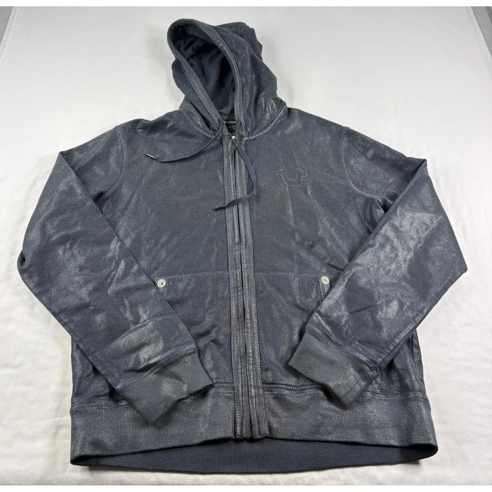 True Religion Hoodie Mens XL Blue Coated Full Zip Casual Jacket